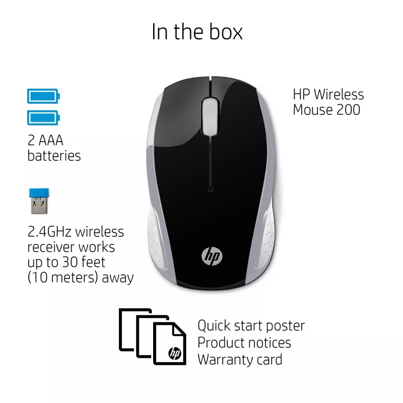 HP Wireless mysz 200 (Pike srebrny), symetryczna, optyczna, RF Wireless, 1000 DPI, srebrna