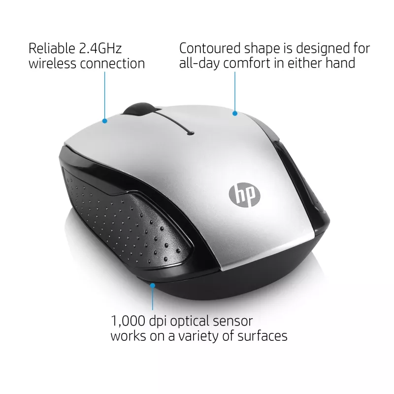 HP Wireless mysz 200 (Pike srebrny), symetryczna, optyczna, RF Wireless, 1000 DPI, srebrna