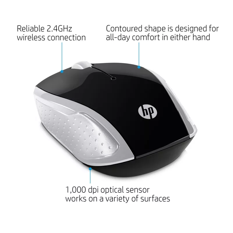 HP Wireless mysz 200 (Pike srebrny), symetryczna, optyczna, RF Wireless, 1000 DPI, srebrna
