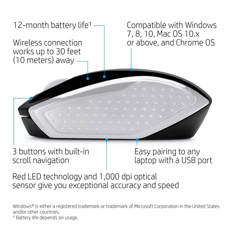 HP Wireless mysz 200 (Pike srebrny), symetryczna, optyczna, RF Wireless, 1000 DPI, srebrna