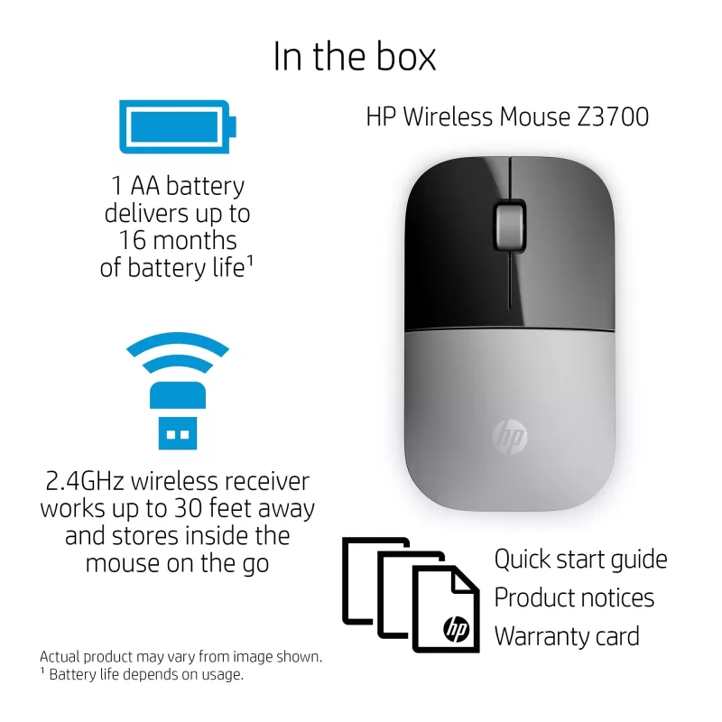 HP Z3700 srebrny Wireless mysz, Symetryczna, Optyczna, Bezprzewodowa RF, 1200 DPI, Srebrna