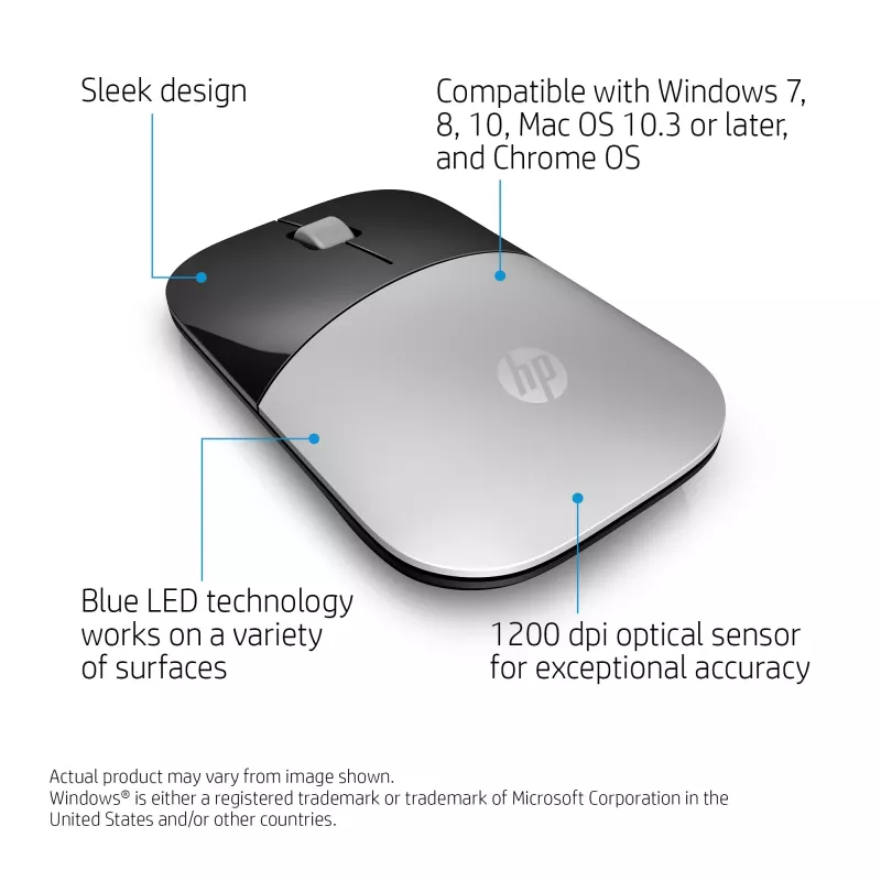 HP Z3700 srebrny Wireless mysz, Symetryczna, Optyczna, Bezprzewodowa RF, 1200 DPI, Srebrna