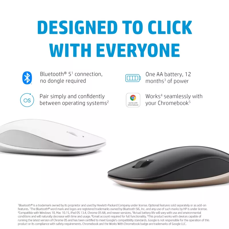 HP 410 cienki srebrny mysz Bluetooth, symetryczna, Bluetooth, 2000 DPI, srebrny
