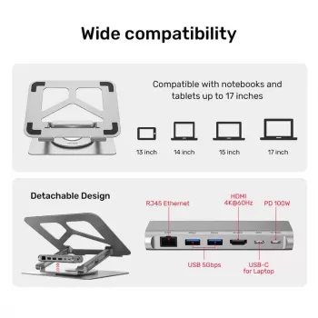 Stojak na laptopa Unitek D1109A — aluminiowy regulowany stojak z hubem USB-C, HDMI, Gigabit Ethernet (pasuje do 14–17 cali)