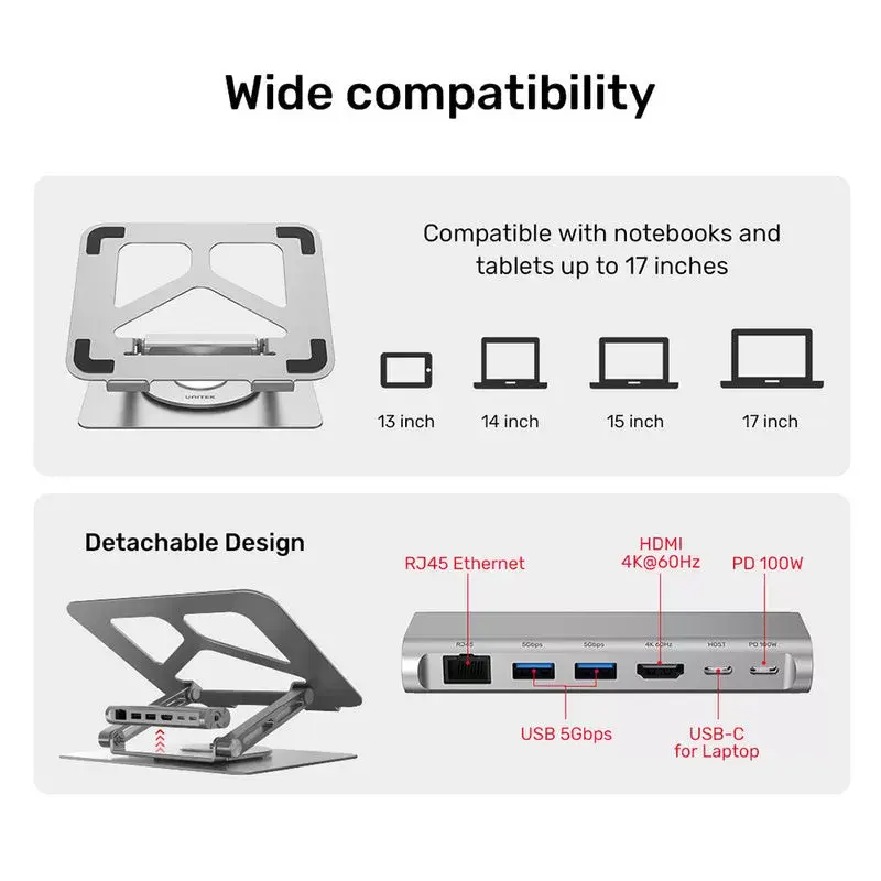 Stojak na laptopa Unitek D1109A — aluminiowy regulowany stojak z hubem USB-C, HDMI, Gigabit Ethernet (pasuje do 14–17 cali)