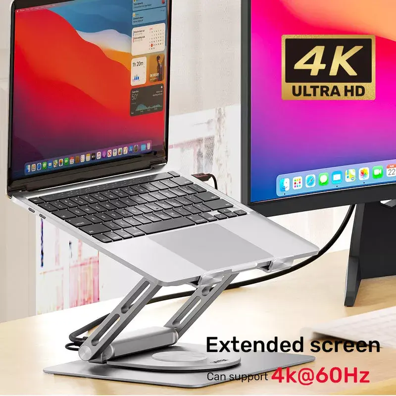 Stojak na laptopa Unitek D1109A — aluminiowy regulowany stojak z hubem USB-C, HDMI, Gigabit Ethernet (pasuje do 14–17 cali)