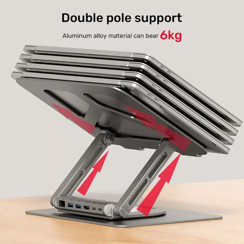 Stojak na laptopa Unitek D1109A — aluminiowy regulowany stojak z hubem USB-C, HDMI, Gigabit Ethernet (pasuje do 14–17 cali)