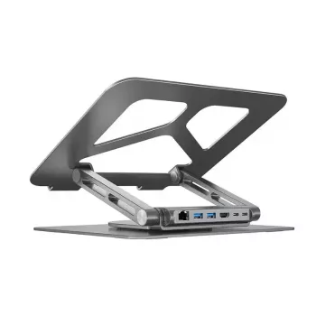 Stojak na laptopa Unitek D1109A — aluminiowy regulowany stojak z hubem USB-C, HDMI, Gigabit Ethernet (pasuje do 14–17 cali)