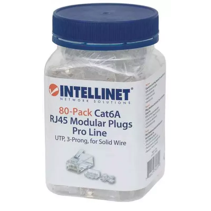 Modularne wtyki RJ45 Intellinet Pro Line, Cat6A, UTP, 3-zębne, do przewodu stałego, styki pozłacane 50 µ, opakowanie 80 szt.
