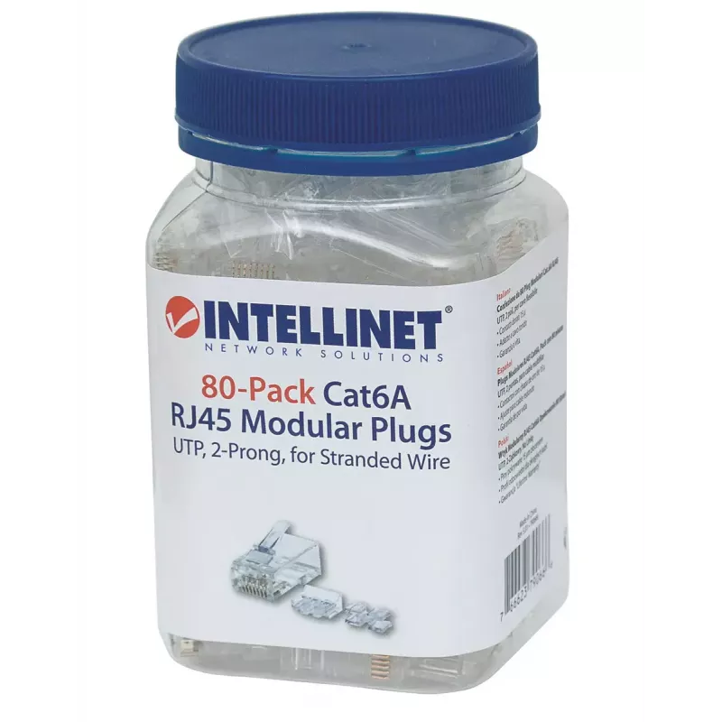 Intellinet Wtyki modularne RJ45, Kat.6A, UTP, 2-zębowe, do przewodu linkowego, styki pozłacane 15 µ, 80 szt.