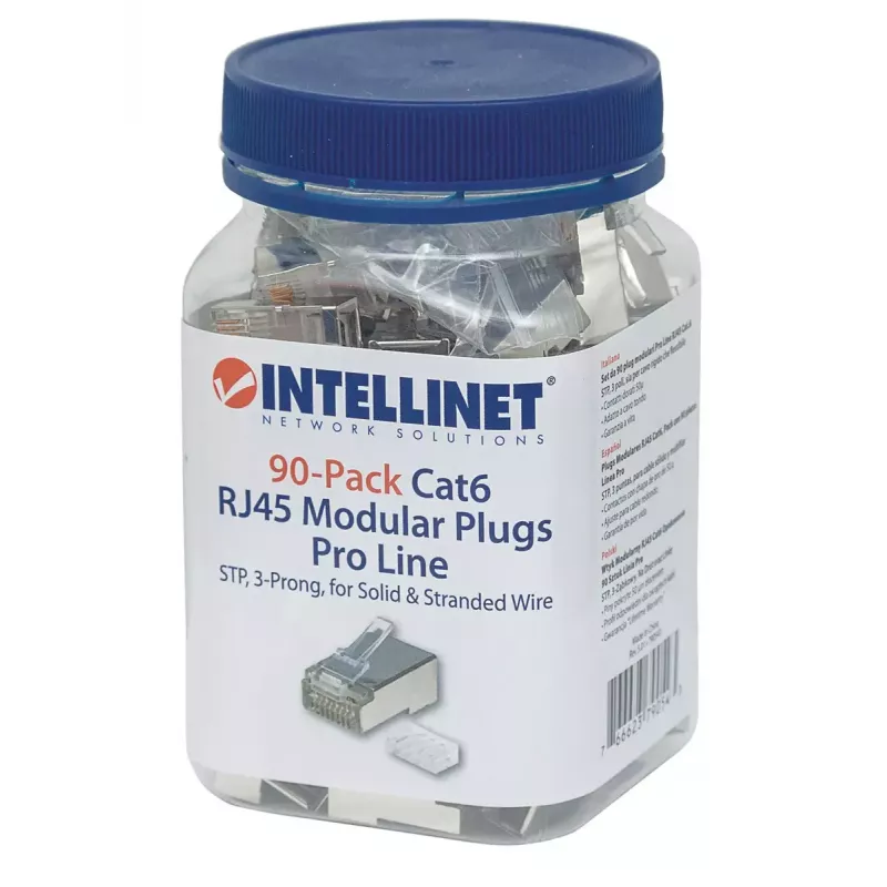 Intellinet RJ45 Modular Plugs Pro Line, Cat6, STP, 3-prong, do przewodów linkowych i drutowych, styki pozłacane 50 µ, opakowanie 90 szt.
