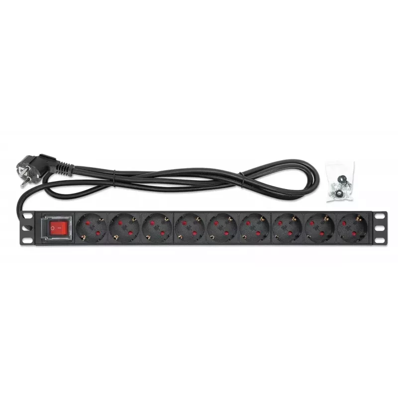 Intellinet 19-calowa 1U listwa zasilająca rack 9-gniazdowa 16A z wyłącznikiem, kabel 2m