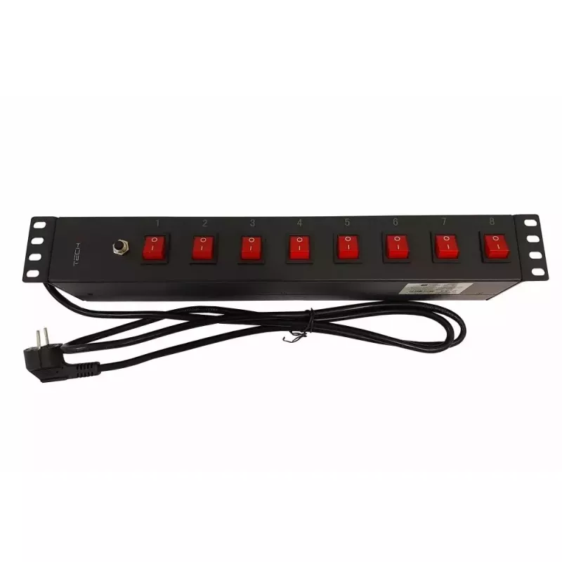 Techly 8-drożna listwa zasilająca do szafy rack 19 inch z 8 przełącznikami ON/OFF 1,5U