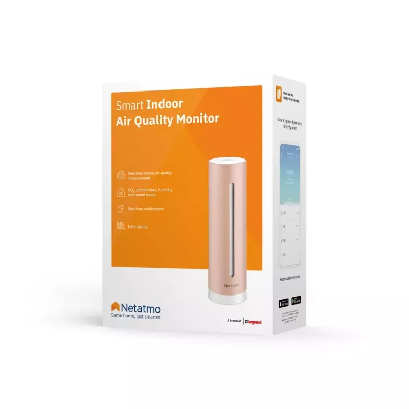 Monitor jakości powietrza w pomieszczeniach Netatmo Smart Indoor Air Quality Monitor — CO2 0–5000 ppm, temp 0–50°C, hałas, Wi‑Fi/Bluetooth, zasilany prądem przemiennym, aluminium, różowe złoto