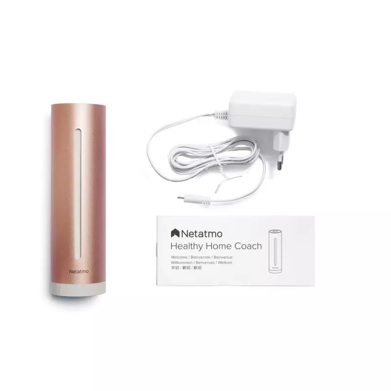 Monitor jakości powietrza w pomieszczeniach Netatmo Smart Indoor Air Quality Monitor — CO2 0–5000 ppm, temp 0–50°C, hałas, Wi‑Fi/Bluetooth, zasilany prądem przemiennym, aluminium, różowe złoto