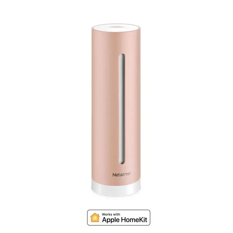 Monitor jakości powietrza w pomieszczeniach Netatmo Smart Indoor Air Quality Monitor — CO2 0–5000 ppm, temp 0–50°C, hałas, Wi‑Fi/Bluetooth, zasilany prądem przemiennym, aluminium, różowe złoto