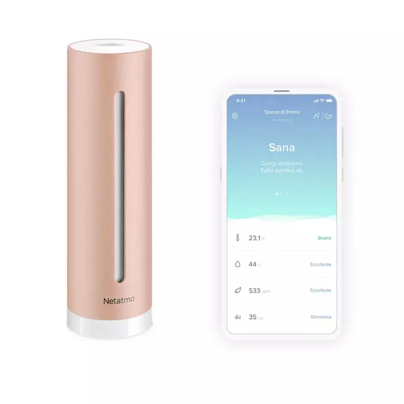 Monitor jakości powietrza w pomieszczeniach Netatmo Smart Indoor Air Quality Monitor — CO2 0–5000 ppm, temp 0–50°C, hałas, Wi‑Fi/Bluetooth, zasilany prądem przemiennym, aluminium, różowe złoto