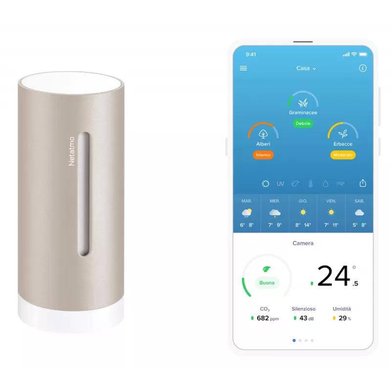 Cyfrowa stacja pogodowa Netatmo NIM-S Sand — termometr wewnętrzny, higrometr, jakość powietrza, zasilana bateriami (AAA)