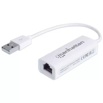 Manhattan USB-A Fast Ethernet Adapter, 10/100 Mbps sieciowy, 480 Mbps (USB 2.0), Hi-Speed USB, RJ45, biały, trzyletnia gwarancja