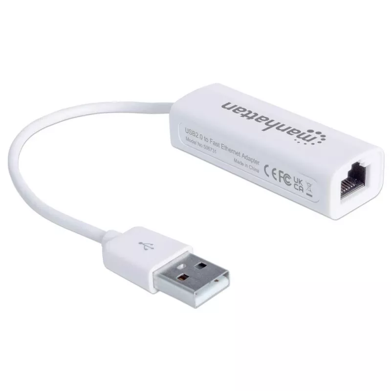Manhattan USB-A Fast Ethernet Adapter, 10/100 Mbps sieciowy, 480 Mbps (USB 2.0), Hi-Speed USB, RJ45, biały, trzyletnia gwarancja