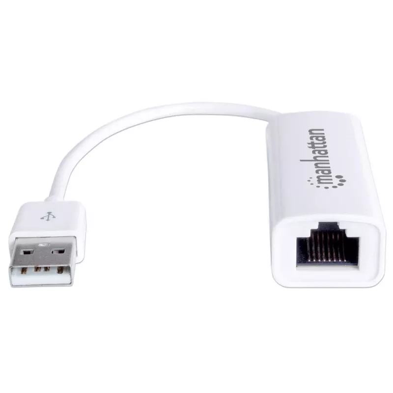 Manhattan USB-A Fast Ethernet Adapter, 10/100 Mbps sieciowy, 480 Mbps (USB 2.0), Hi-Speed USB, RJ45, biały, trzyletnia gwarancja