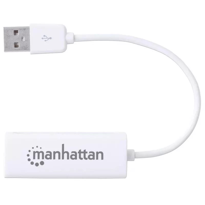 Manhattan USB-A Fast Ethernet Adapter, 10/100 Mbps sieciowy, 480 Mbps (USB 2.0), Hi-Speed USB, RJ45, biały, trzyletnia gwarancja