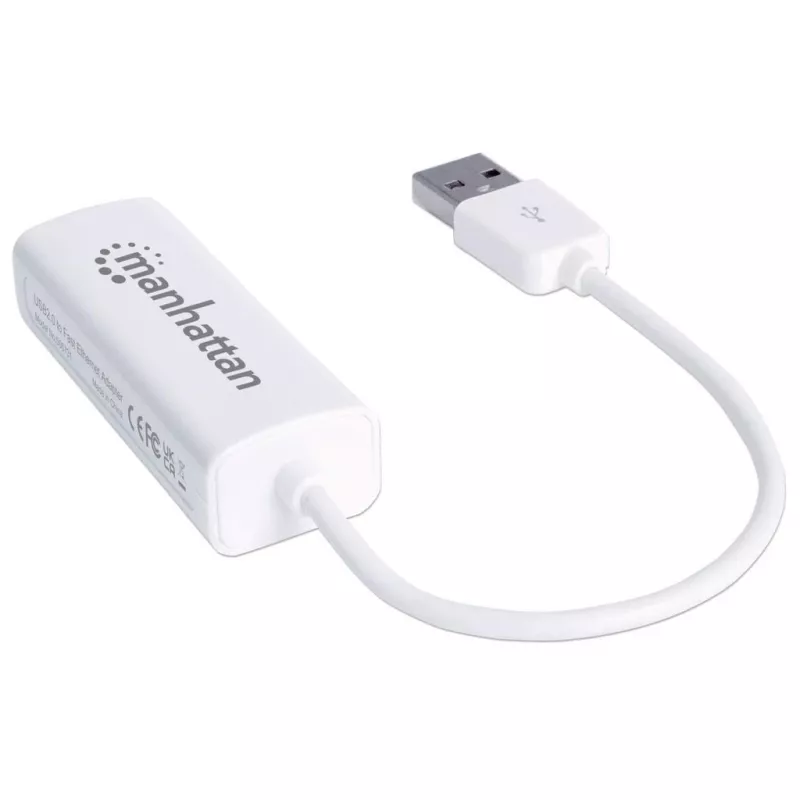 Manhattan USB-A Fast Ethernet Adapter, 10/100 Mbps sieciowy, 480 Mbps (USB 2.0), Hi-Speed USB, RJ45, biały, trzyletnia gwarancja
