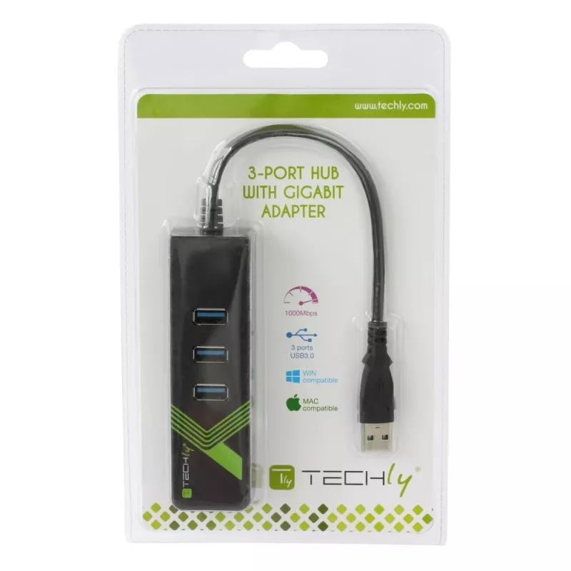 Techly IDATA USB-ETGIGA-3U2 stacja dokująca/replikator portów do laptopa USB 3.2 Gen 1 (3.1 Gen 1) Typ-A Czarny