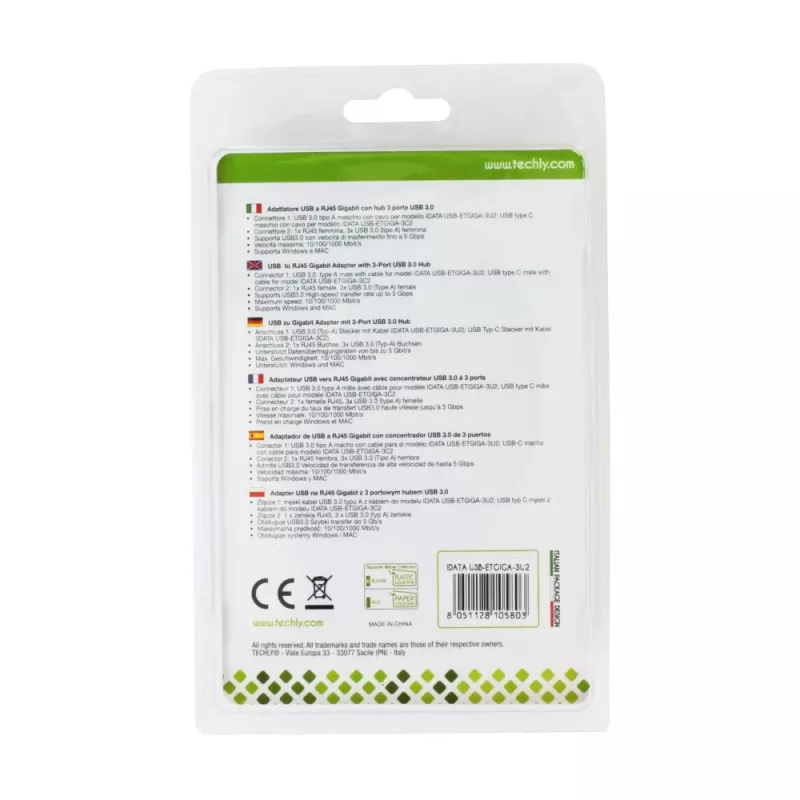 Techly IDATA USB-ETGIGA-3U2 stacja dokująca/replikator portów do laptopa USB 3.2 Gen 1 (3.1 Gen 1) Typ-A Czarny
