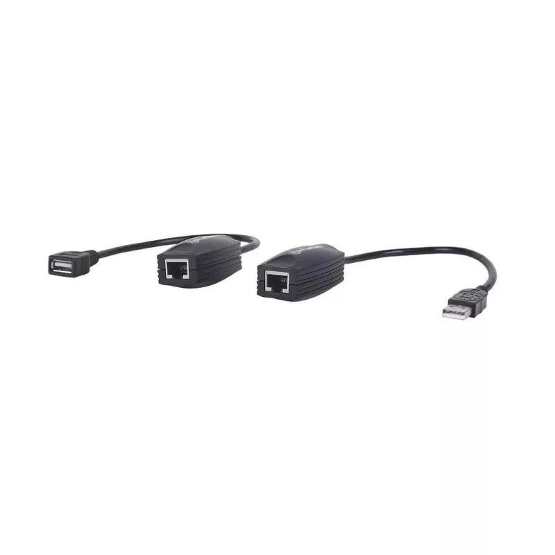 Manhattan Przedłużacz linii USB-A, do użytku z kablem sieciowym RJ45 (nie dołączony), wydłuża urządzenie USB do 60m, zasilanie z magistrali, odpowiednie kable sieciowe Cat5e/Cat6/Cat6A RJ45, czarny, Trzyletnia gwarancja