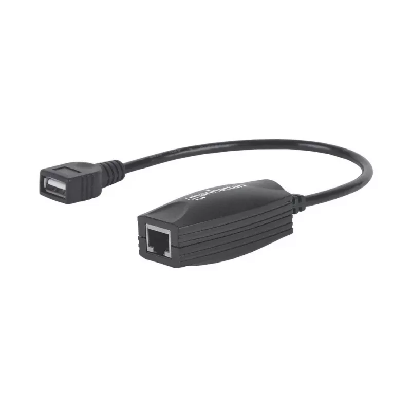 Manhattan Przedłużacz linii USB-A, do użytku z kablem sieciowym RJ45 (nie dołączony), wydłuża urządzenie USB do 60m, zasilanie z magistrali, odpowiednie kable sieciowe Cat5e/Cat6/Cat6A RJ45, czarny, Trzyletnia gwarancja