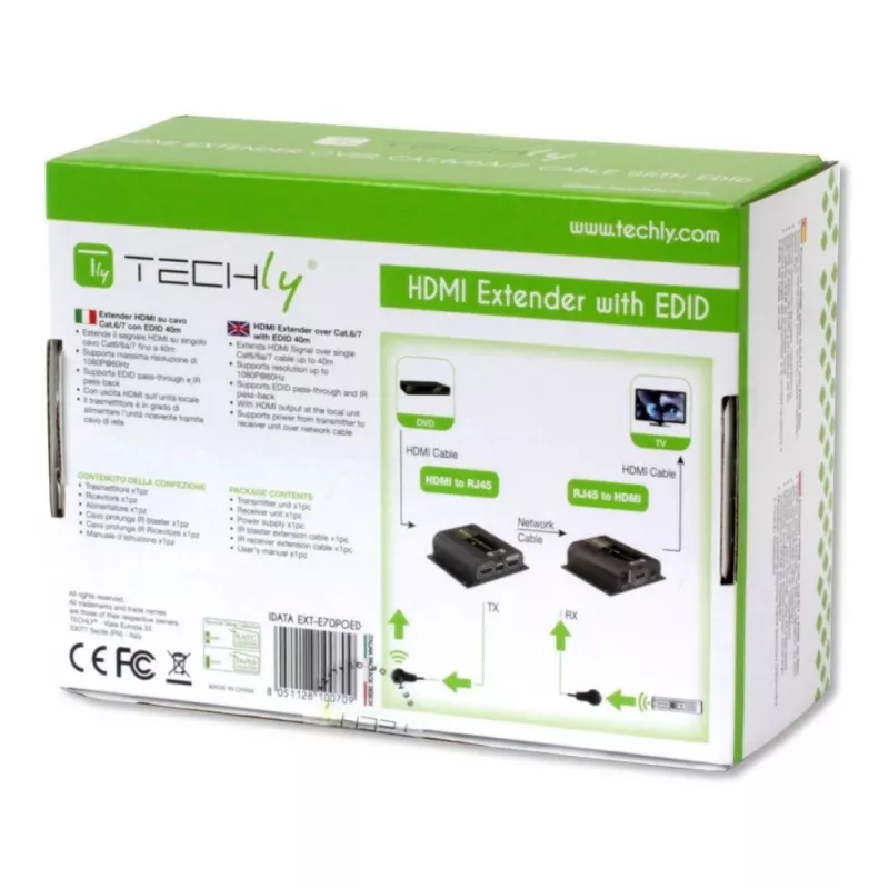 Techly IDATA EXT-E70POED Przedłużacz AV Nadajnik i odbiornik AV Czarny