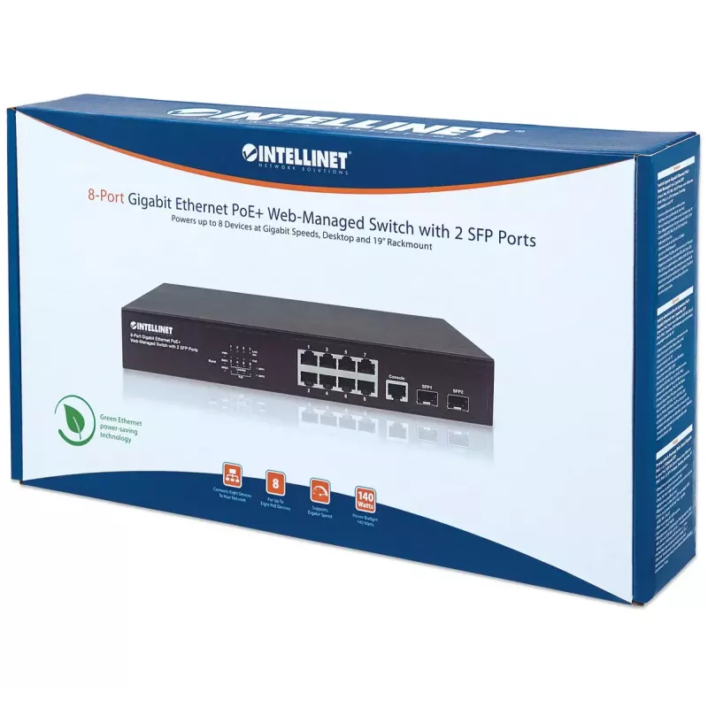 Przełącznik zarządzany Intellinet 8-portowy Gigabit Ethernet PoE+ z 2 portami SFP