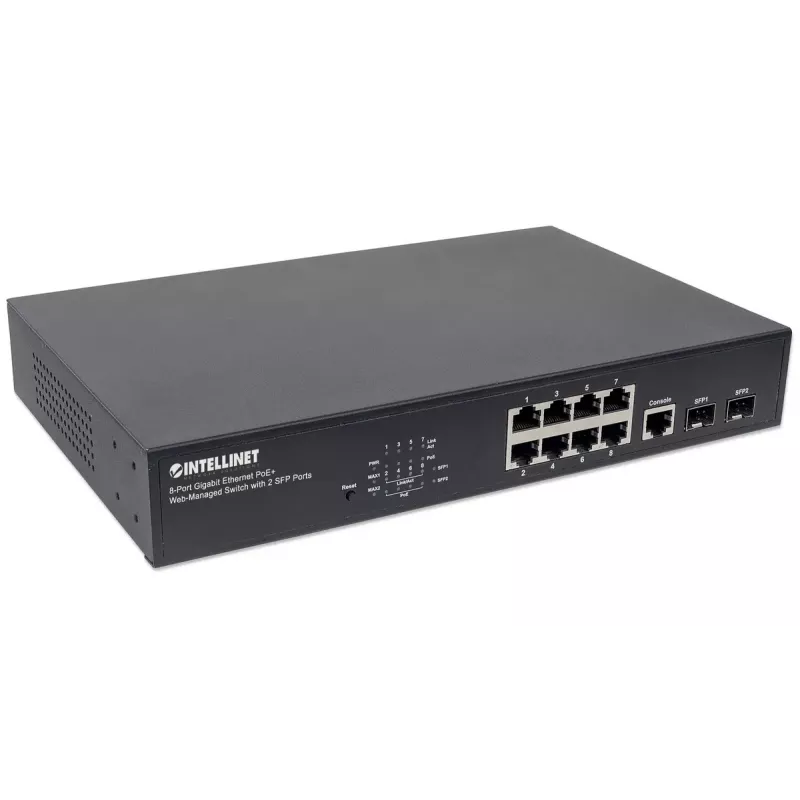 Przełącznik zarządzany Intellinet 8-portowy Gigabit Ethernet PoE+ z 2 portami SFP