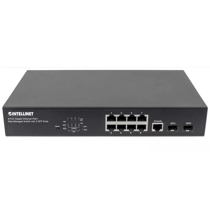 Przełącznik zarządzany Intellinet 8-portowy Gigabit Ethernet PoE+ z 2 portami SFP