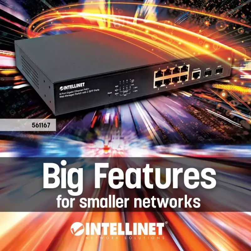 Przełącznik zarządzany Intellinet 8-portowy Gigabit Ethernet PoE+ z 2 portami SFP