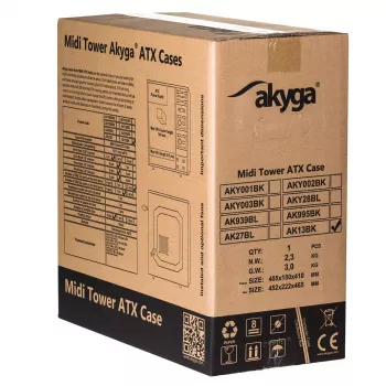 Obudowa PC Akyga AK13BK Micro Tower — ATX/Micro-ATX, 3 wnęki 3,5 cala, 3 wnęki 2,5 cala, zasilacz na górze, USB 3.2 Gen1×2, maks. długość GPU 385 mm, czarna