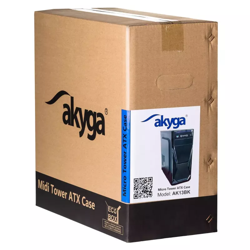 Obudowa PC Akyga AK13BK Micro Tower — ATX/Micro-ATX, 3 wnęki 3,5 cala, 3 wnęki 2,5 cala, zasilacz na górze, USB 3.2 Gen1×2, maks. długość GPU 385 mm, czarna