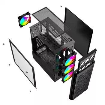 Obudowa PC GEMBIRD Fornax 400X Midi Tower Czarna — ATX, szkło hartowane, wentylatory RGB, 4 wnęki 2,5 cala, 2x USB 3.0