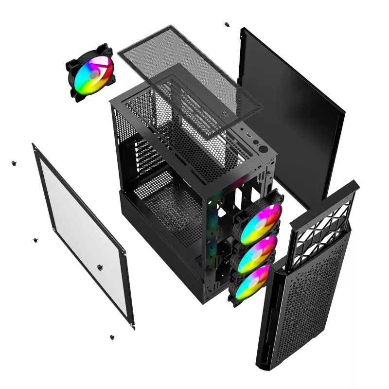 Obudowa PC GEMBIRD Fornax 400X Midi Tower Czarna — ATX, szkło hartowane, wentylatory RGB, 4 wnęki 2,5 cala, 2x USB 3.0