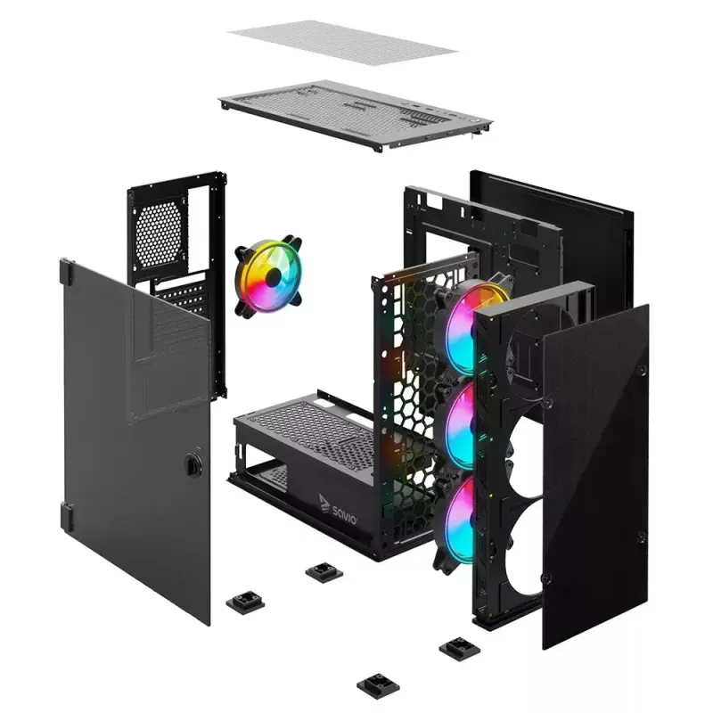 Obudowa PC SAVIO Prime X1 ARGB Glass Midi Tower Czarna — szkło hartowane, wentylatory ARGB, obsługa micro ATX/ATX