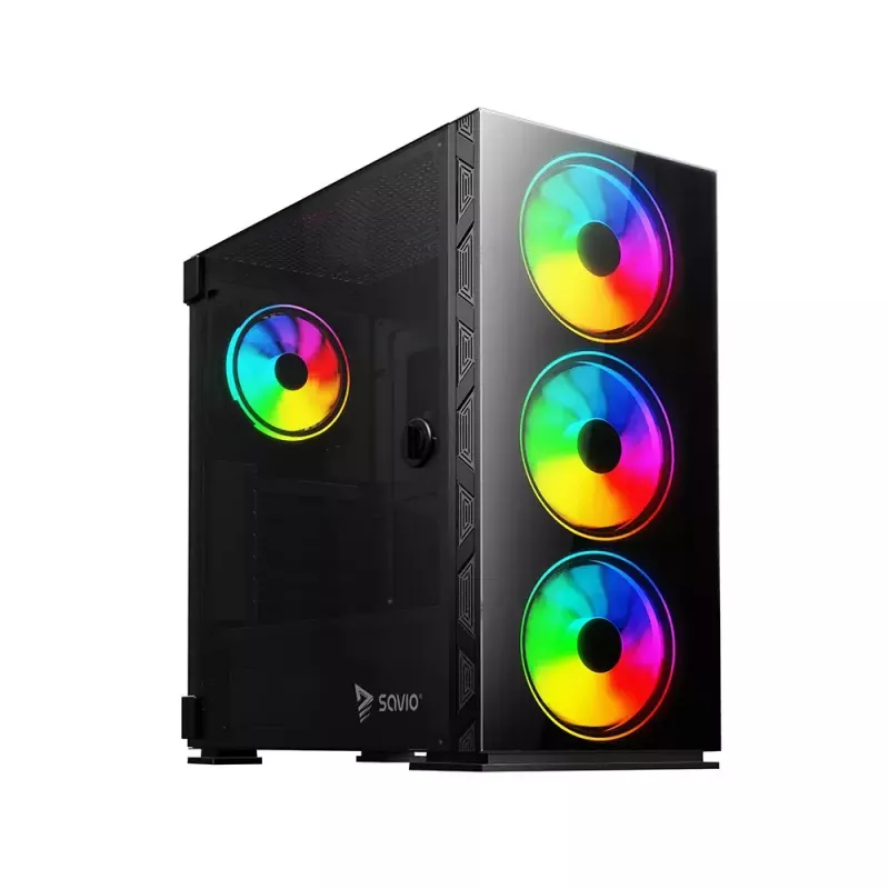 Obudowa PC SAVIO Prime X1 ARGB Glass Midi Tower Czarna — szkło hartowane, wentylatory ARGB, obsługa micro ATX/ATX