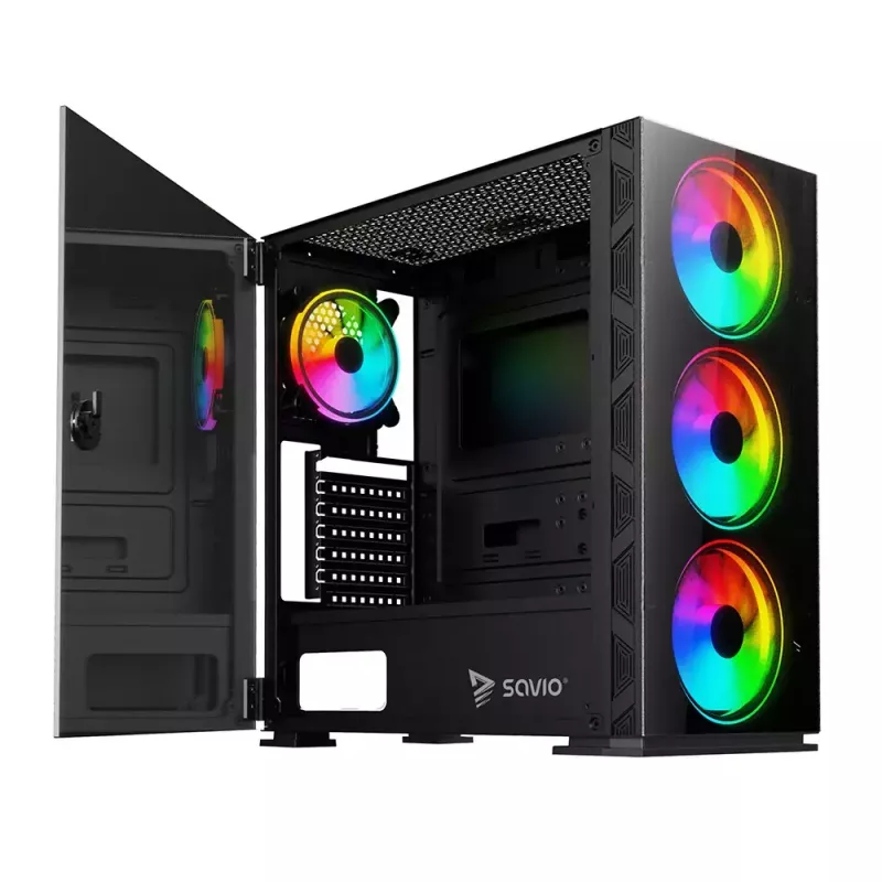 Obudowa PC SAVIO Prime X1 ARGB Glass Midi Tower Czarna — szkło hartowane, wentylatory ARGB, obsługa micro ATX/ATX