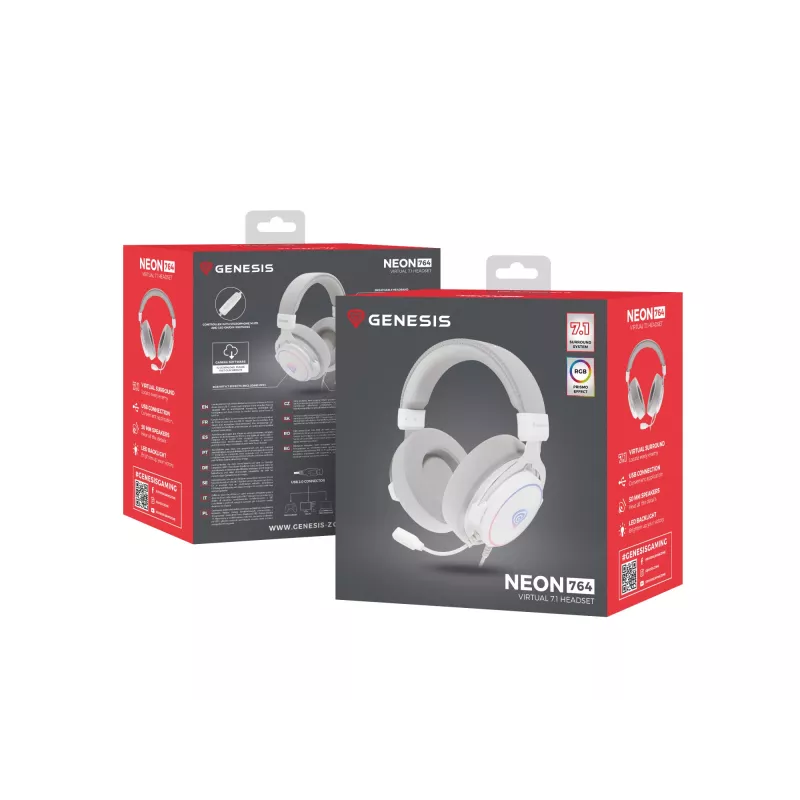 Słuchawki GENESIS Neon 764 Przewodowe Nauszne Gaming USB Type-A Białe