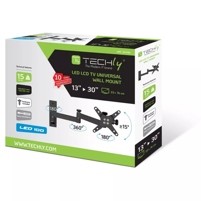 Uchwyt ścienny Techly 13-30 cali do telewizorów LED LCD, odchylany, 3 przeguby, czarny – ICA-LCD 104BK