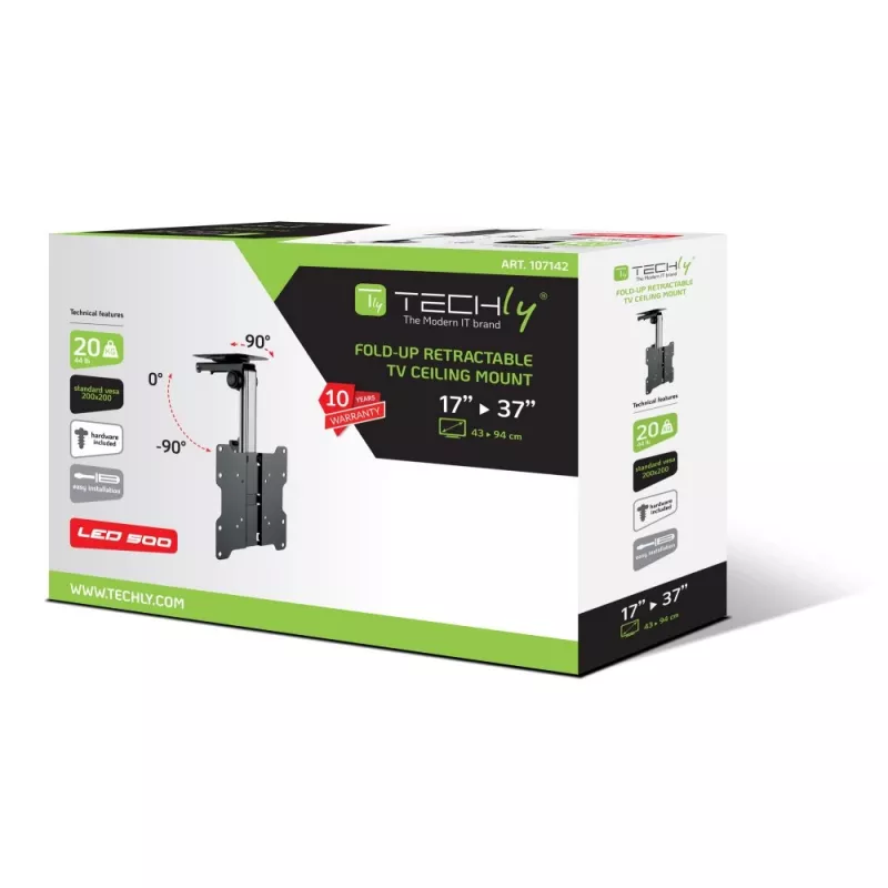 Techly Składany chowany uchwyt sufitowy do telewizora LED/LCD 17 cali–37 cali Czarny