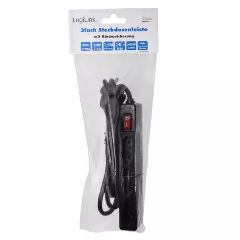 Listwa zasilająca LogiLink LPS230B 1,5 m 3 gniazda AC czarna