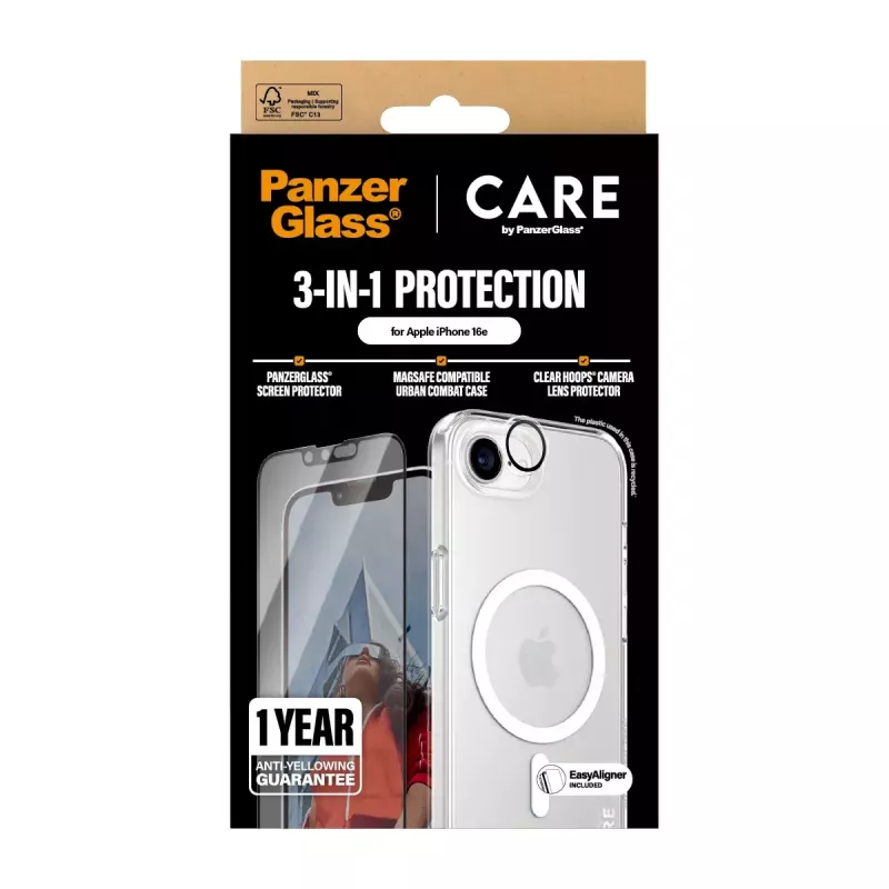 PanzerGlass CARE by ® Flagship 3-w-1 Bundle iPhone 16e odporny na zarysowania i wstrząsy