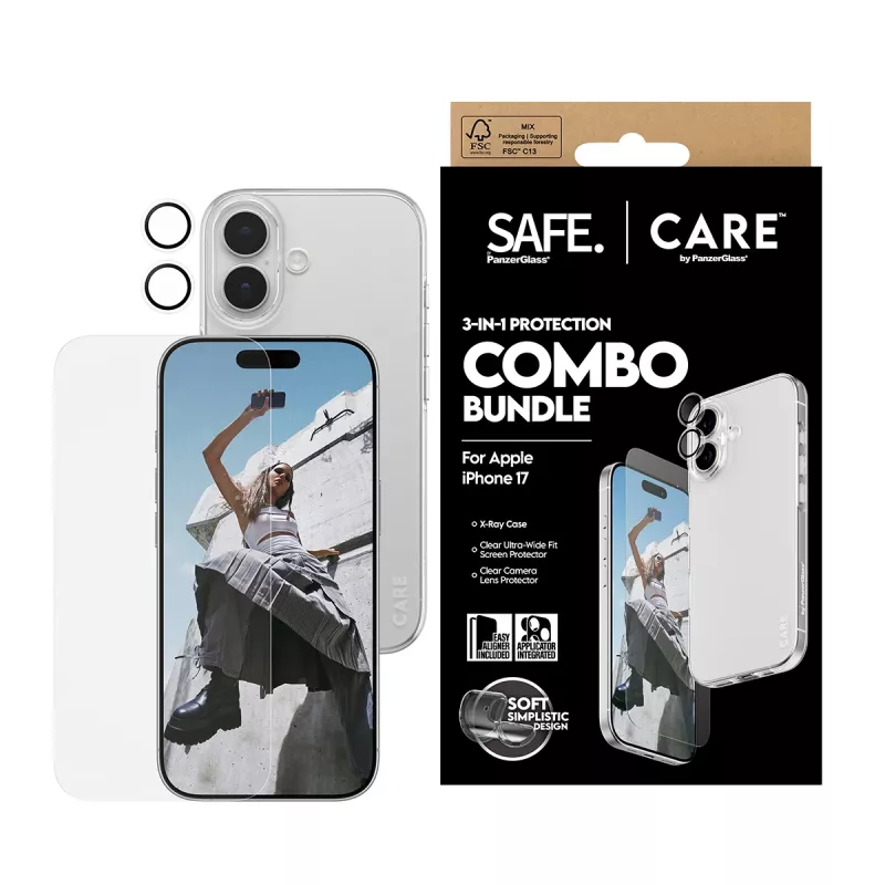 PanzerGlass 3-w-1 zestaw combo dla iPhone 17 — ochrona ekranu, ochrona obiektywu aparatu i etui