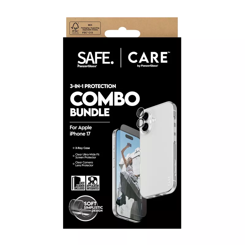 PanzerGlass 3-w-1 zestaw combo dla iPhone 17 — ochrona ekranu, ochrona obiektywu aparatu i etui